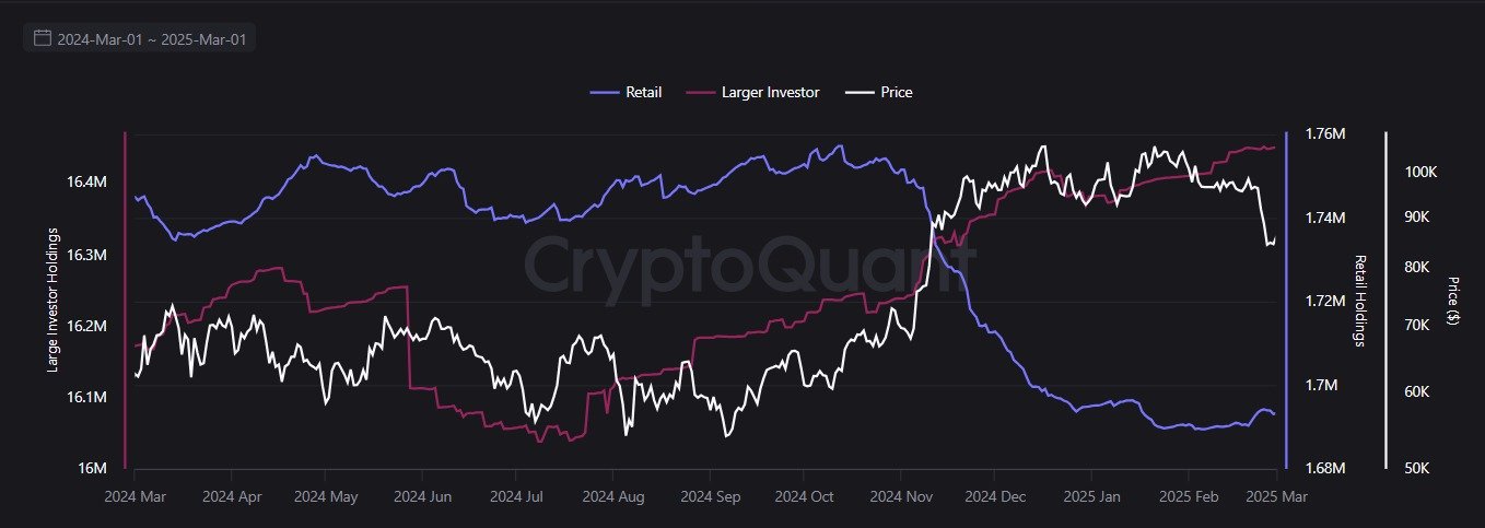 Tenencias de Bitcoin de Inversores Minoristas y Grandes Inversores