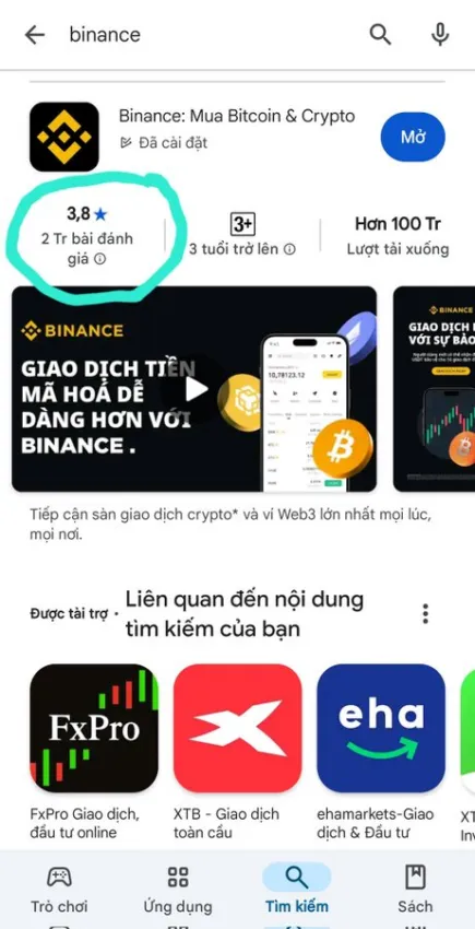 Puntuación de Binance en Google Play cayó de 4.9 a 3.8 estrellas. Fuente: X/Mr Ng Châu