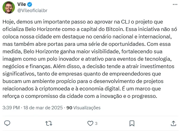 Proyecto de ley que prevé pago en Bitcoin para adelantos en Belo Horizonte.