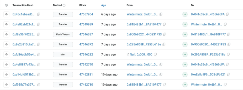 Transacciones de Wintermute con la supuesta stablecoin WLFI.