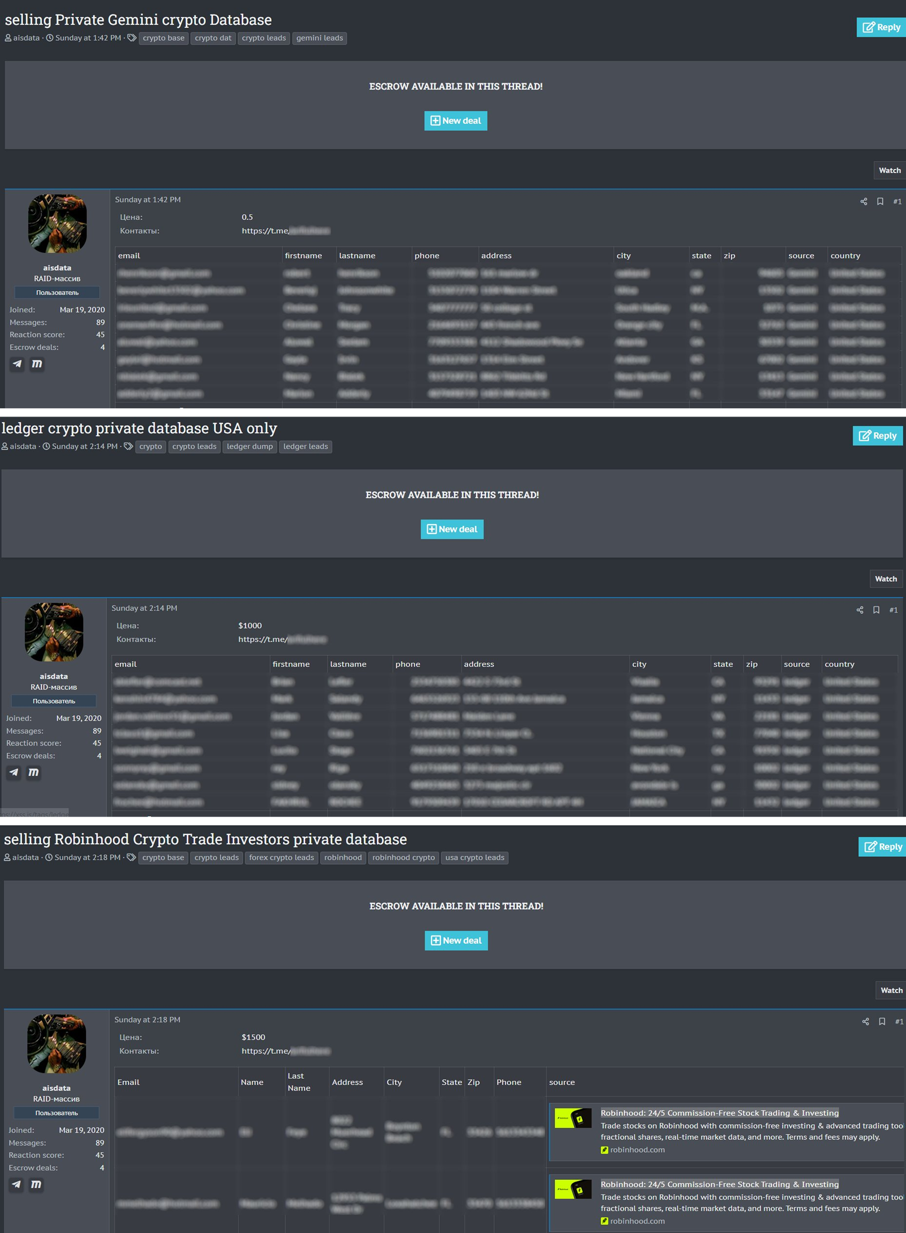Actor de amenaza vendiendo datos de usuarios de Ledger, Gemini, Robinhood. Fuente: X/Dark Web Informer