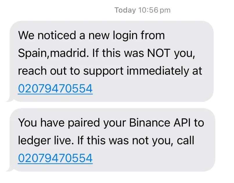 Un usuario de Binance compartió los SMS recibidos durante la última semana con BeInCrypto.