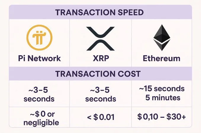Comparación entre velocidades y tarifas de transacción de Pii Network, XRP y Ethereum. Fuente: X/@PiNewsMedia
