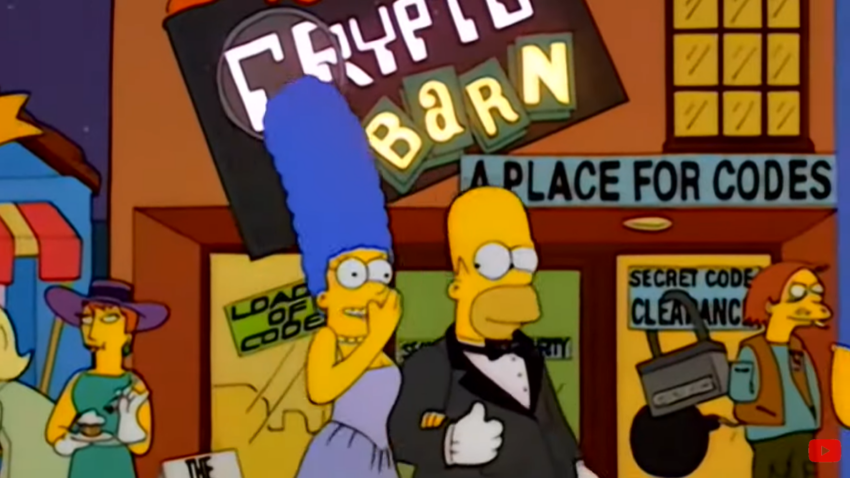 Marge y Homer disfrutan un paseo como pareja y caminan al frente del local “Crypto Barn”