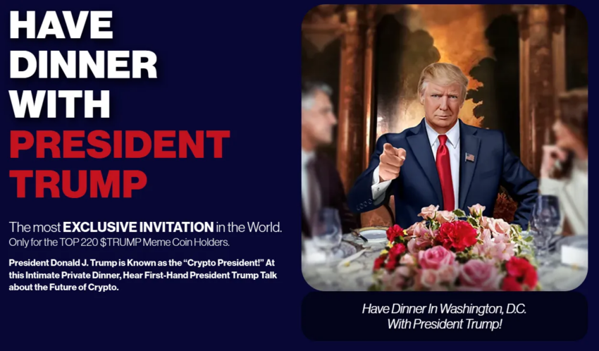 Invitación a la cena presidencial para quienes tengan la criptomoneda del meme de Donald Trump.