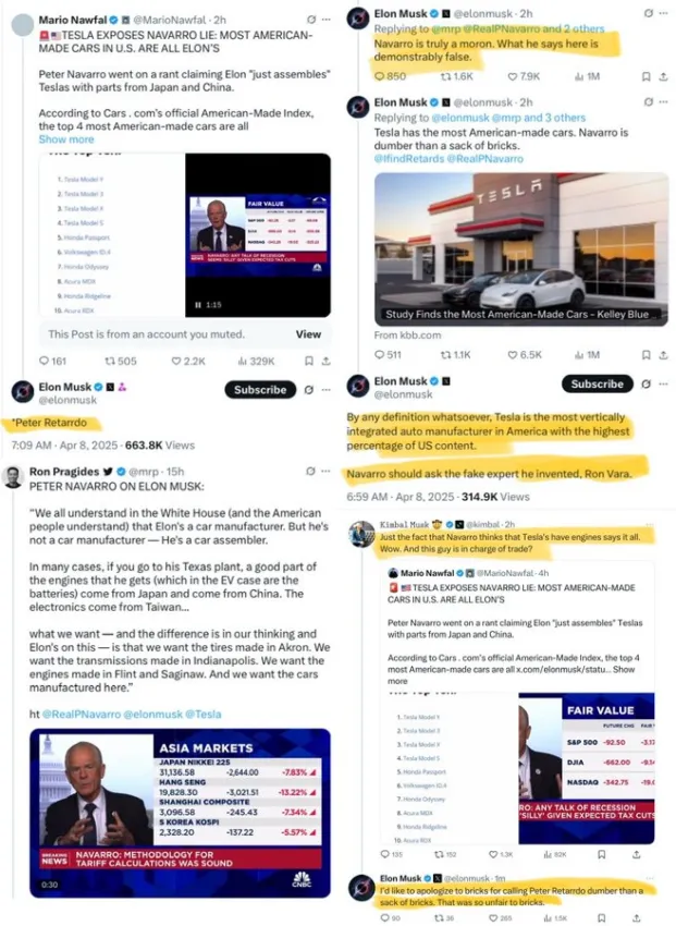 Screenshots de la controversia entre Musk y Navarro. Fuente: X/@yashar