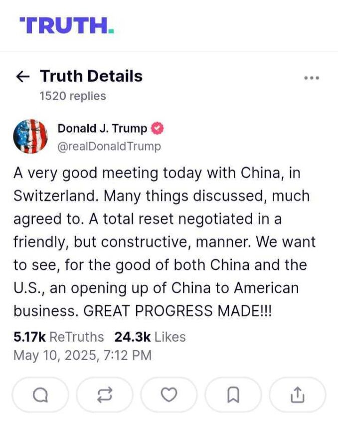 Donald Trump también destacó los avances en las negociaciones con Chinna. Fuente: Truth Social