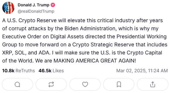 Donald Trump crea la Reserva Cripto de Estados Unidos. Fuente: Truth Social
