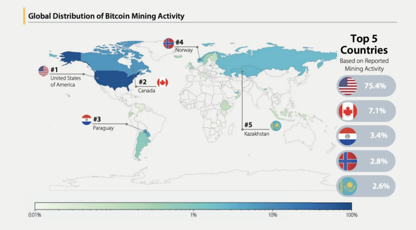Distribución global de la actividad minera de Bitcoin.