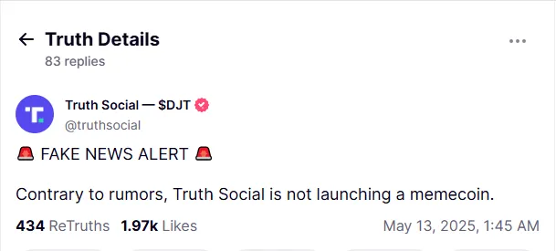 Truth Social desmiente los rumores sobre la criptomoneda meme.