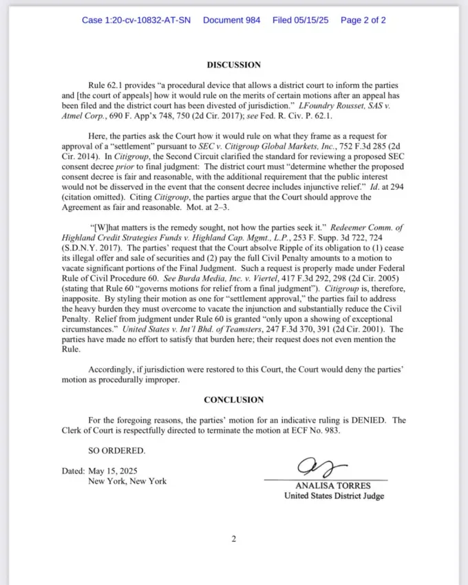 La jueza de distrito Analisa Torres rechazó la moción conjunta del caso Ripple – SEC. Fuente: X:@FilanLaw