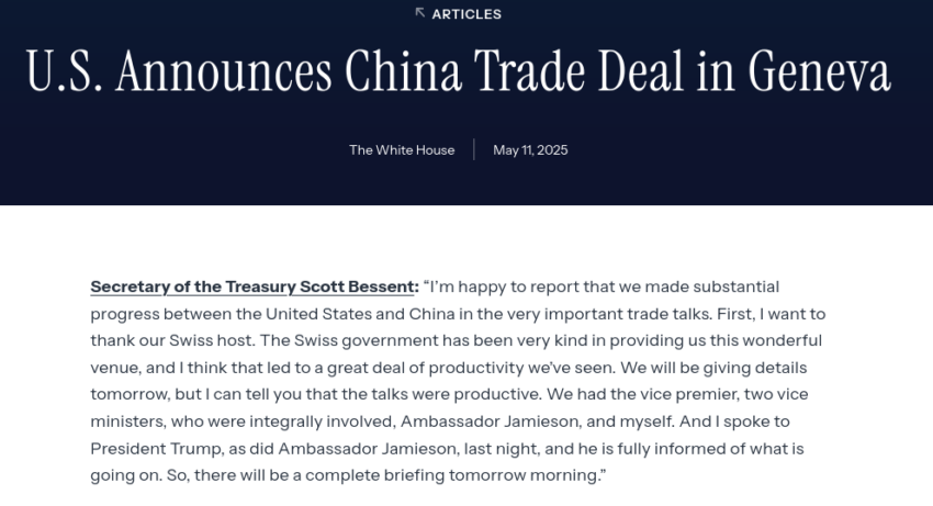Estados Unidos anuncia acuerdo comercial con China. Fuente: La Casa Blanca