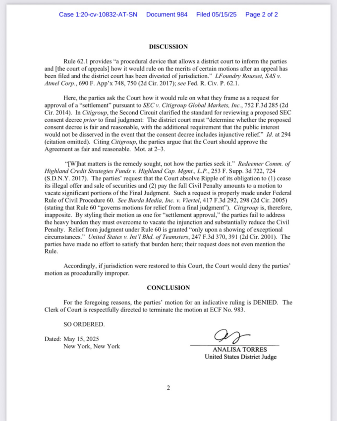 La jueza de distrito Analisa Torres rechazó la moción conjunta del caso Ripple - SEC. Fuente: X:@FilanLaw