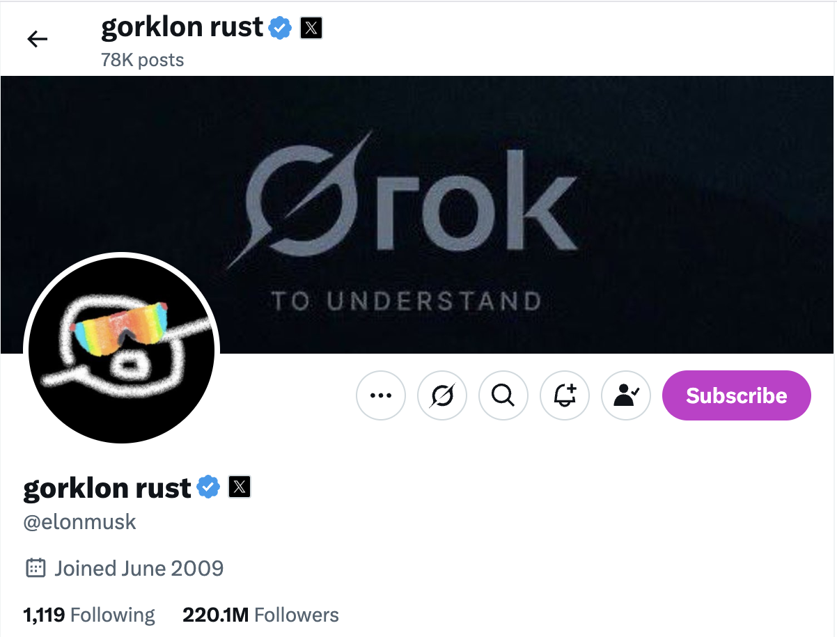 Cambio de nombre de usuario de Elon Musk a Gorklon Rust