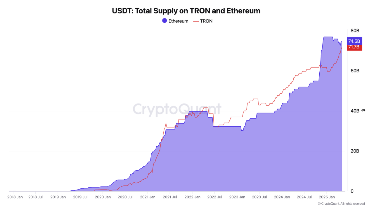 Suministro Total de USDT en TRON y Ethereum. Fuente: CryptoQuant