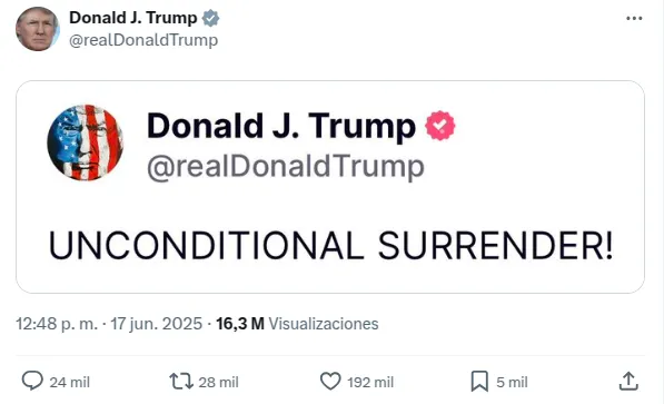 Donald Trump emite ultimátum a Irán. Fuente: X/@realDonaldTrump