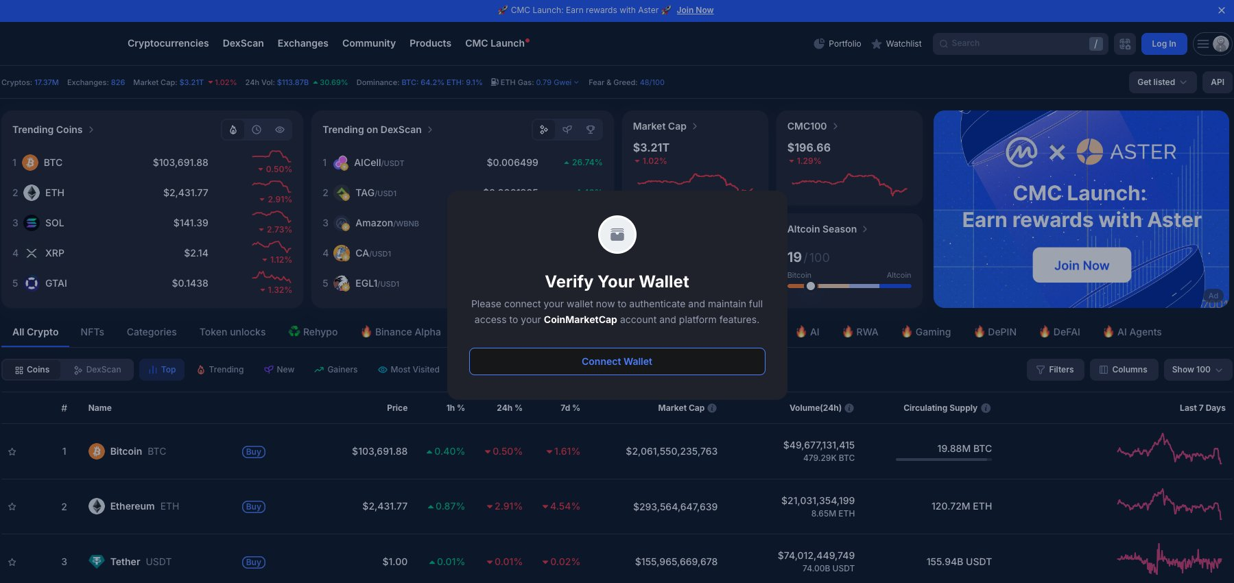 El mensaje pop-up malicioso en la página de inicio de CoinMarketCap.