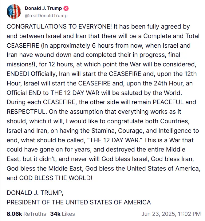 Anuncio de alto el fuego de Trump en la guerra entre Irán e Israel.