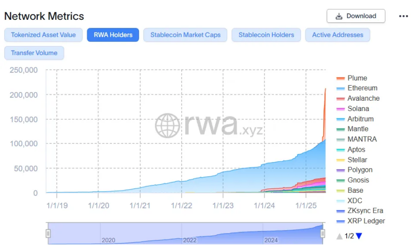 Recuento de holders de RWA por blockchain. 
