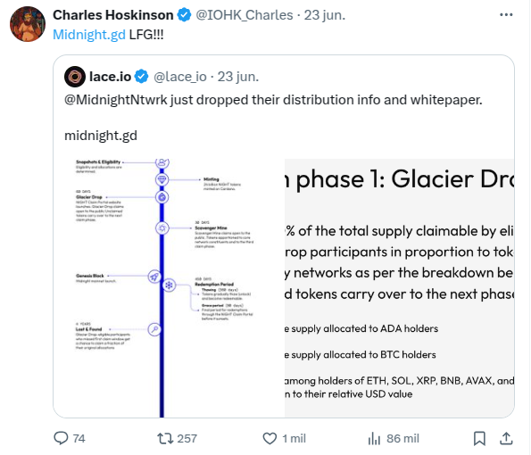 Cardano founder shares post about Midnight Network (NIGH) tokenomics distribution. Source: X/@IOHK_Charles