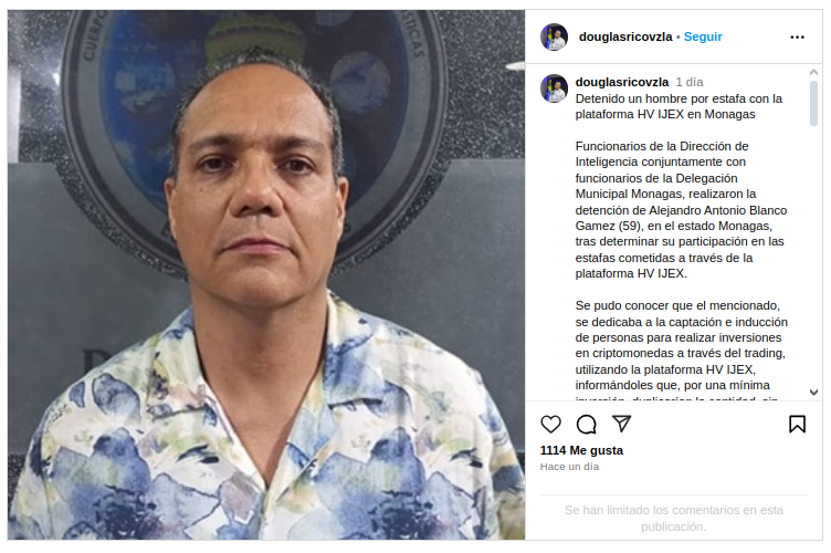 CICPC detiene a presunto implicado en la criptoestafa HV IJEX. Fuente: Instagram