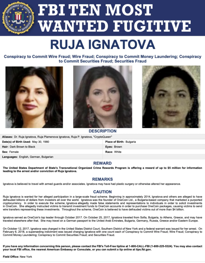 Ruja Plamenova Ignatova en la lista de los más buscados del FBI.