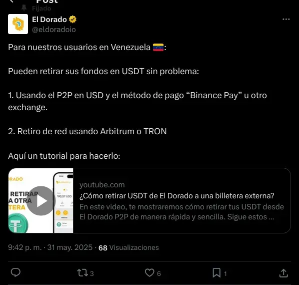 El Dorado cesa operaciones en Venezuela. Fuente: X/@eldoradoio 