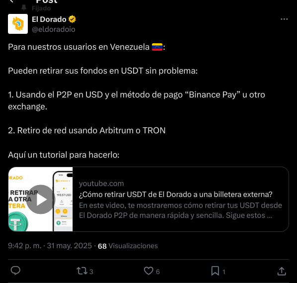 El Dorado cesa operaciones en Venezuela. Fuente: X/@eldoradoio
