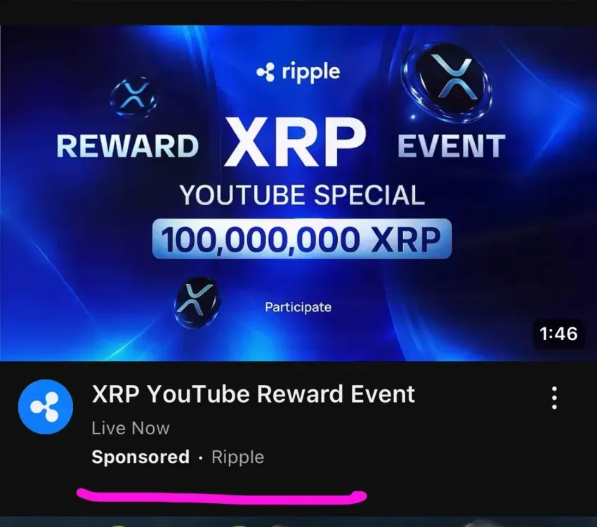 Estafa de recompensas de XRP en YouTube. Fuente: X/Xtina_george