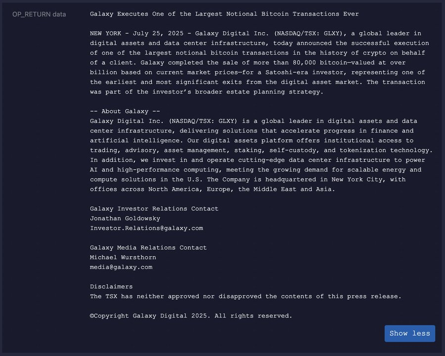 Mensaje Incrustado de Galaxy Digital en la Red de Bitcoin.
