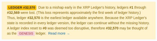 "Debido a un percance en los inicios de la historia del XRP Ledger, los ledgers del #1 al #32,569 se perdieron", se lee en XRPScan