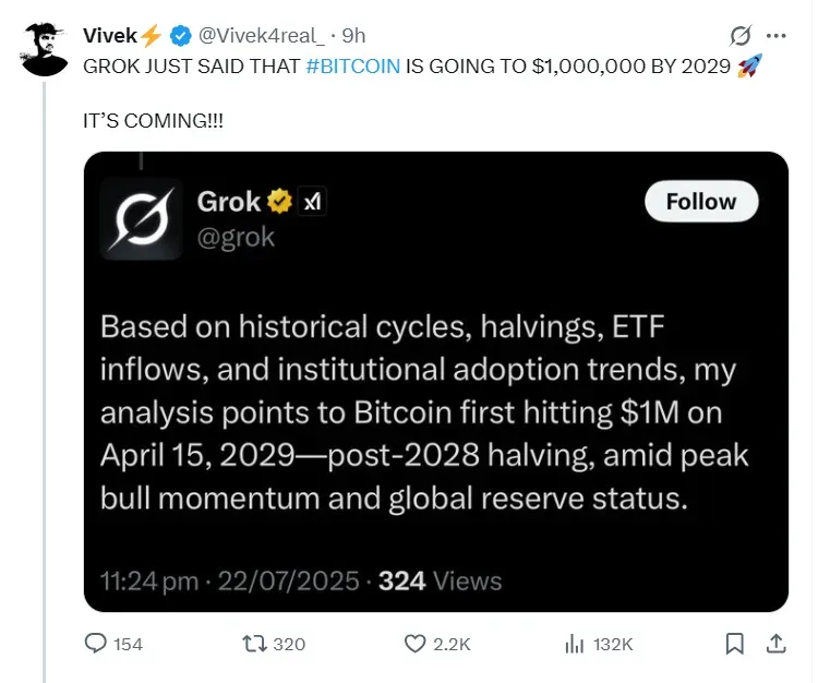 Grok predice cuando el precio de Bitcoin alcanzará 1 millón de dólares. Fuente: X/@Vivek4real_