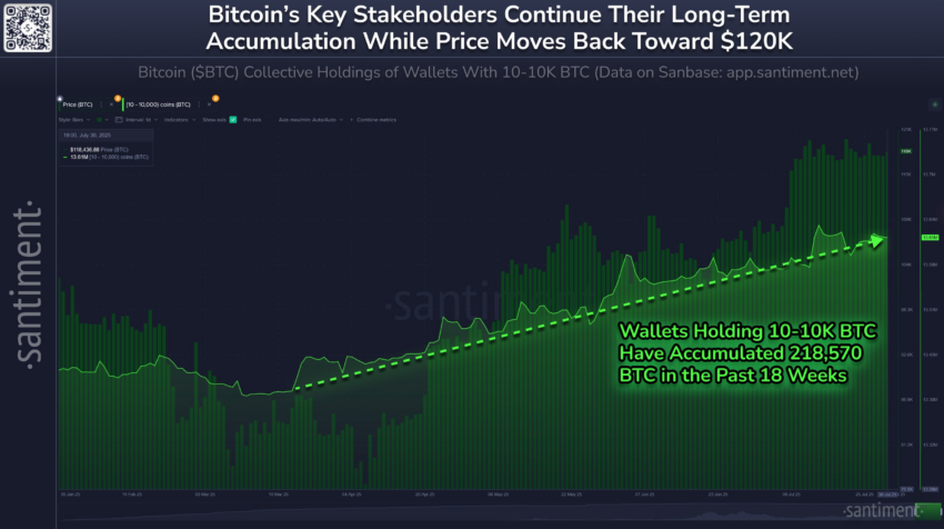 Acumulación de Bitcoin (BTC) por parte de grandes holders. Fuente: X/@santimentfeed