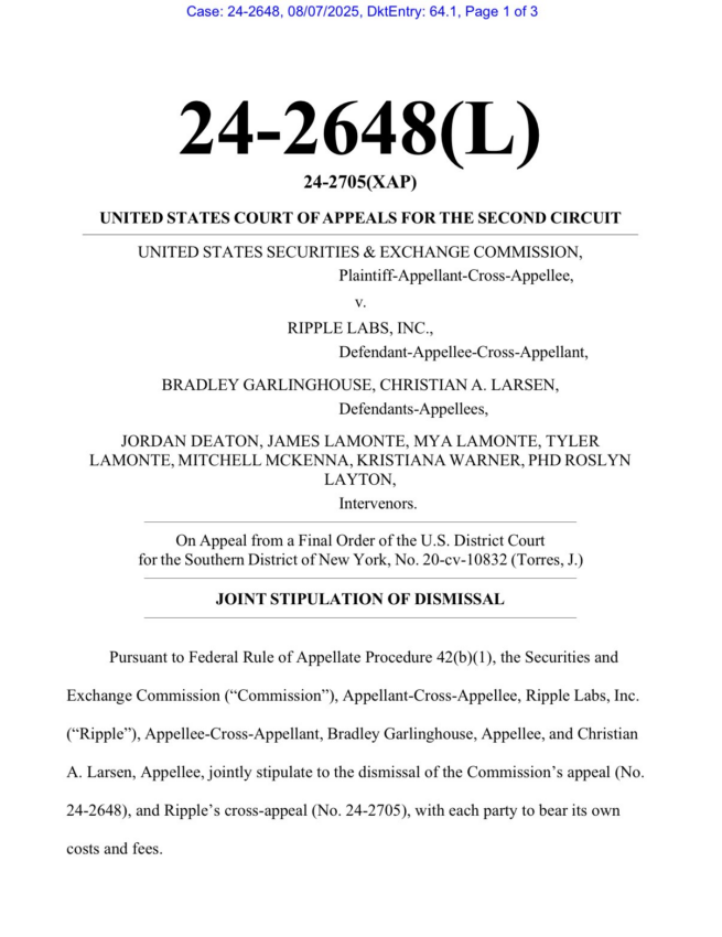 La SEC y Ripple han acordado retirar sus apelaciones. Fuente: X/@FilanLaw