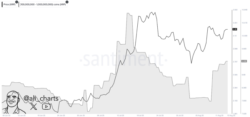 Ballenas de criptomonedas compran 320 millones de XRP en 72 horas. Fuente: X/@ali_charts