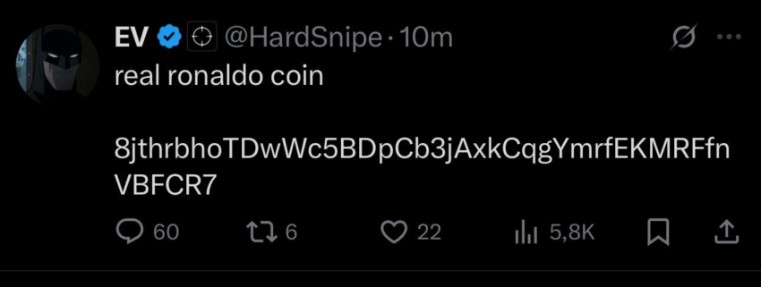 Diversas cuentas promovieron la memecoin criptomoneda falsa de Cristiano Ronaldo. Fuente: X/@mfardecrouz