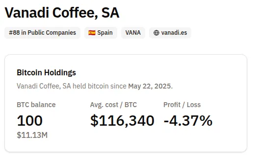 La cadena española de cafeterías Vanadi Coffee ya acumula 100 BTC. Fuente: Bitcoin treasuries