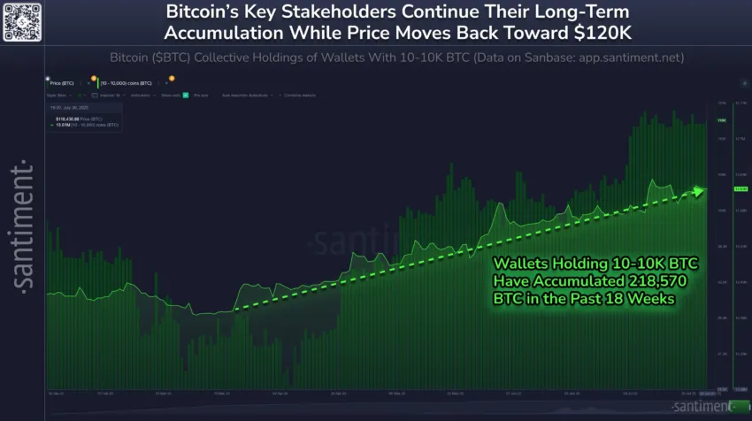 Acumulación de Bitcoin (BTC) por parte de grandes holders. Fuente: X/@santimentfeed