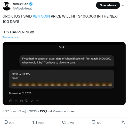 predicción precio Bitcoin Grok